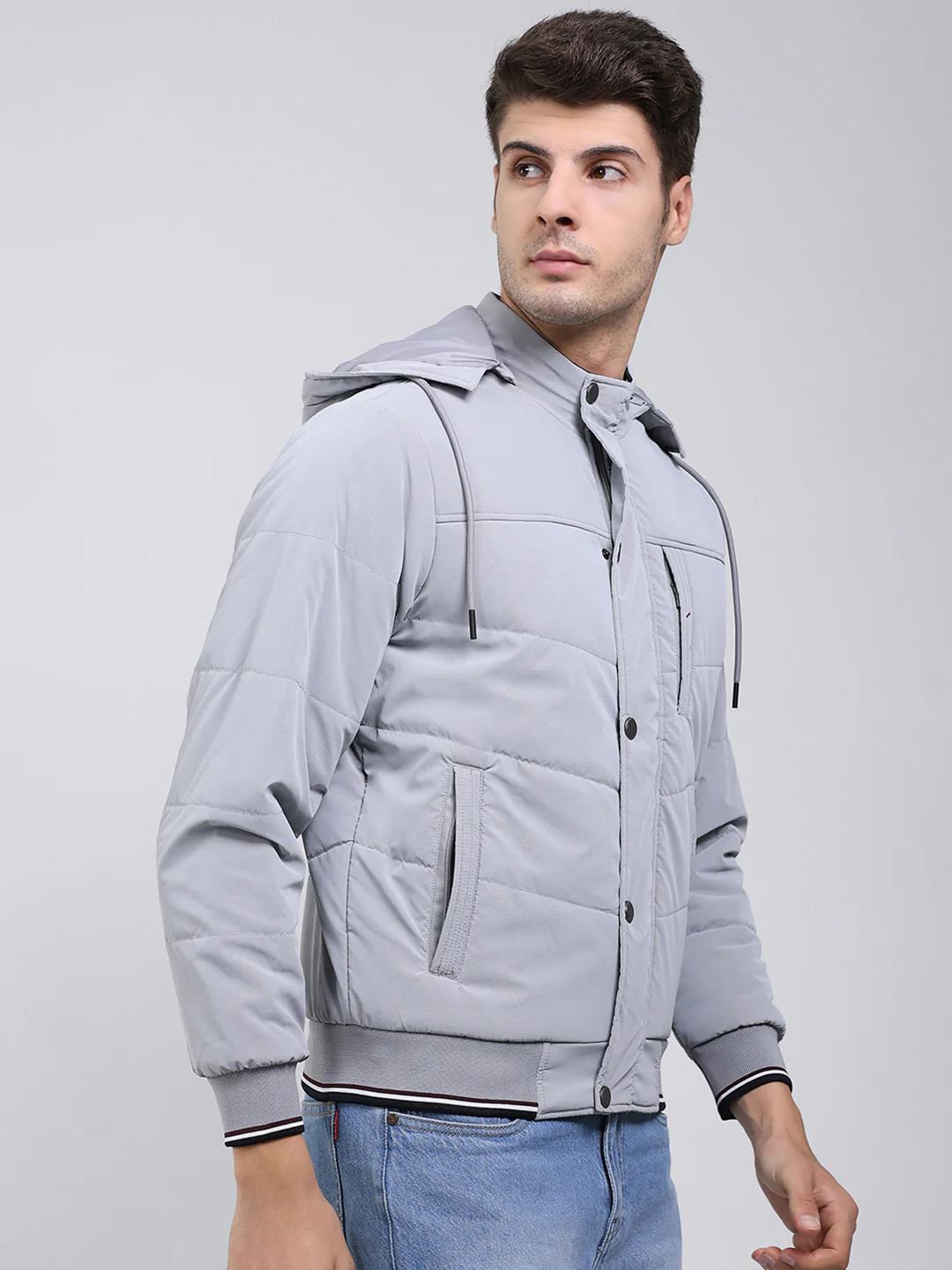 Men Grey Solid Hooded Full Sleeve Jacket - Image 4