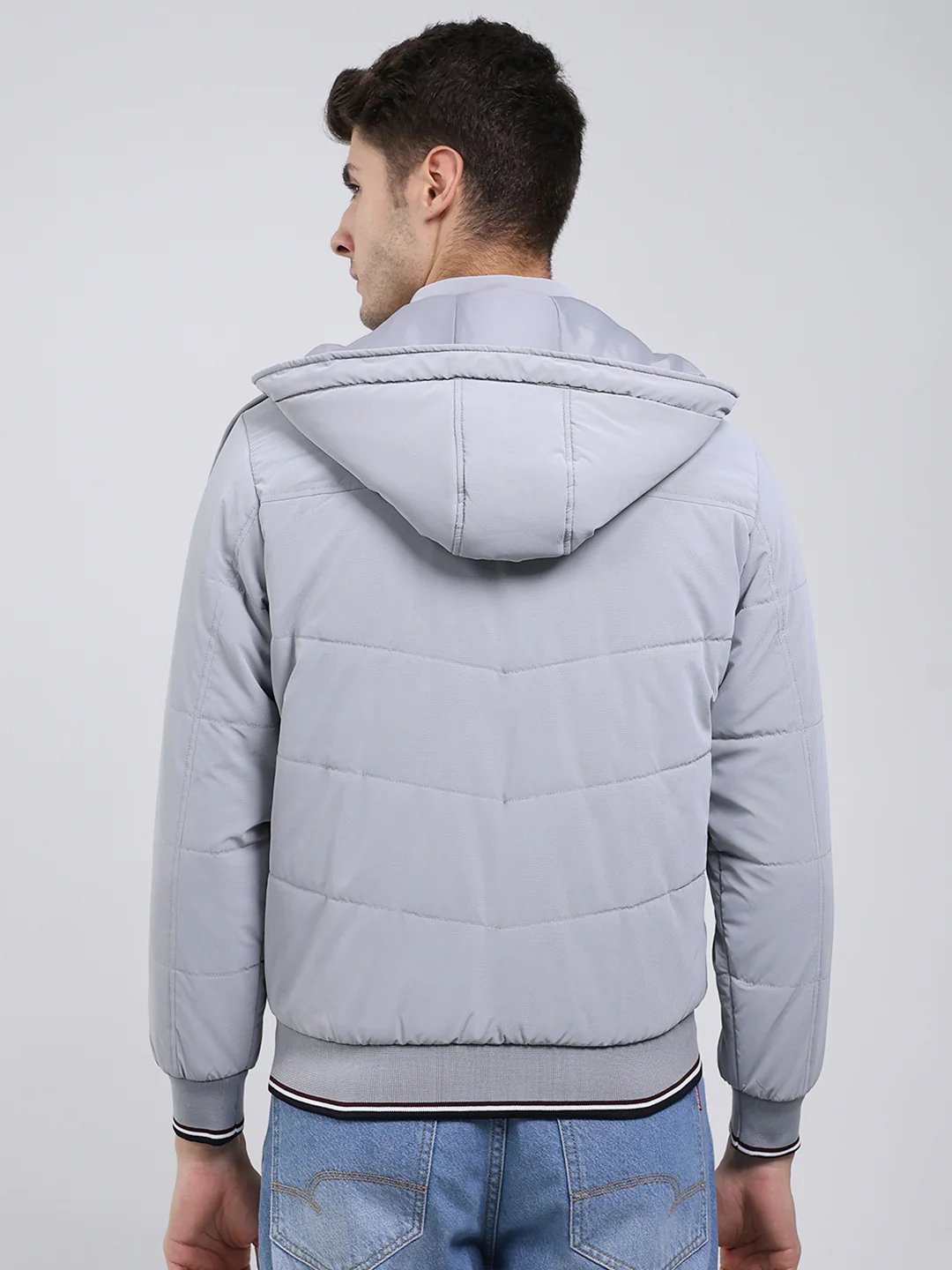 Men Grey Solid Hooded Full Sleeve Jacket - Image 5