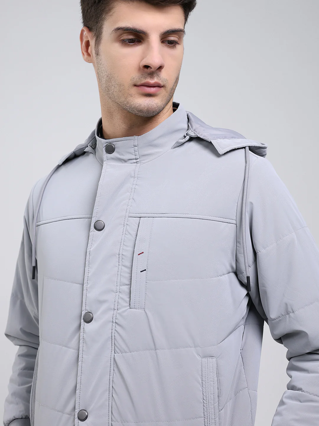 Men Grey Solid Hooded Full Sleeve Jacket - Image 6