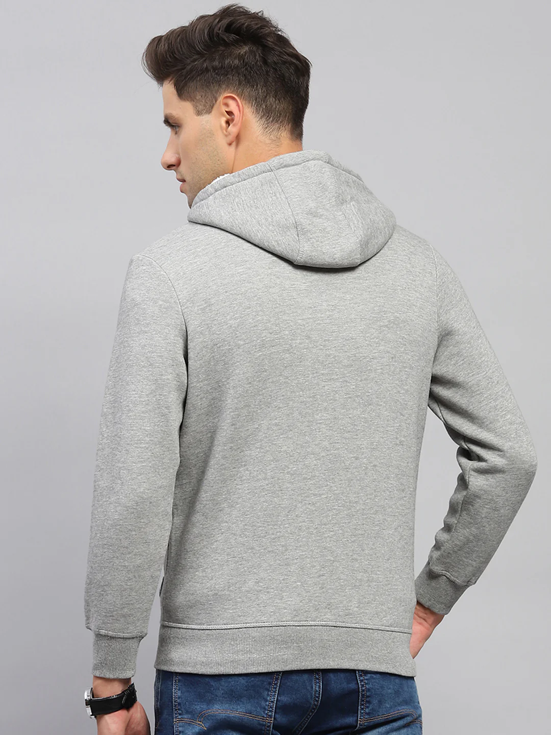 Men Grey Solid Hooded Full Sleeve Sweatshirt - Image 5