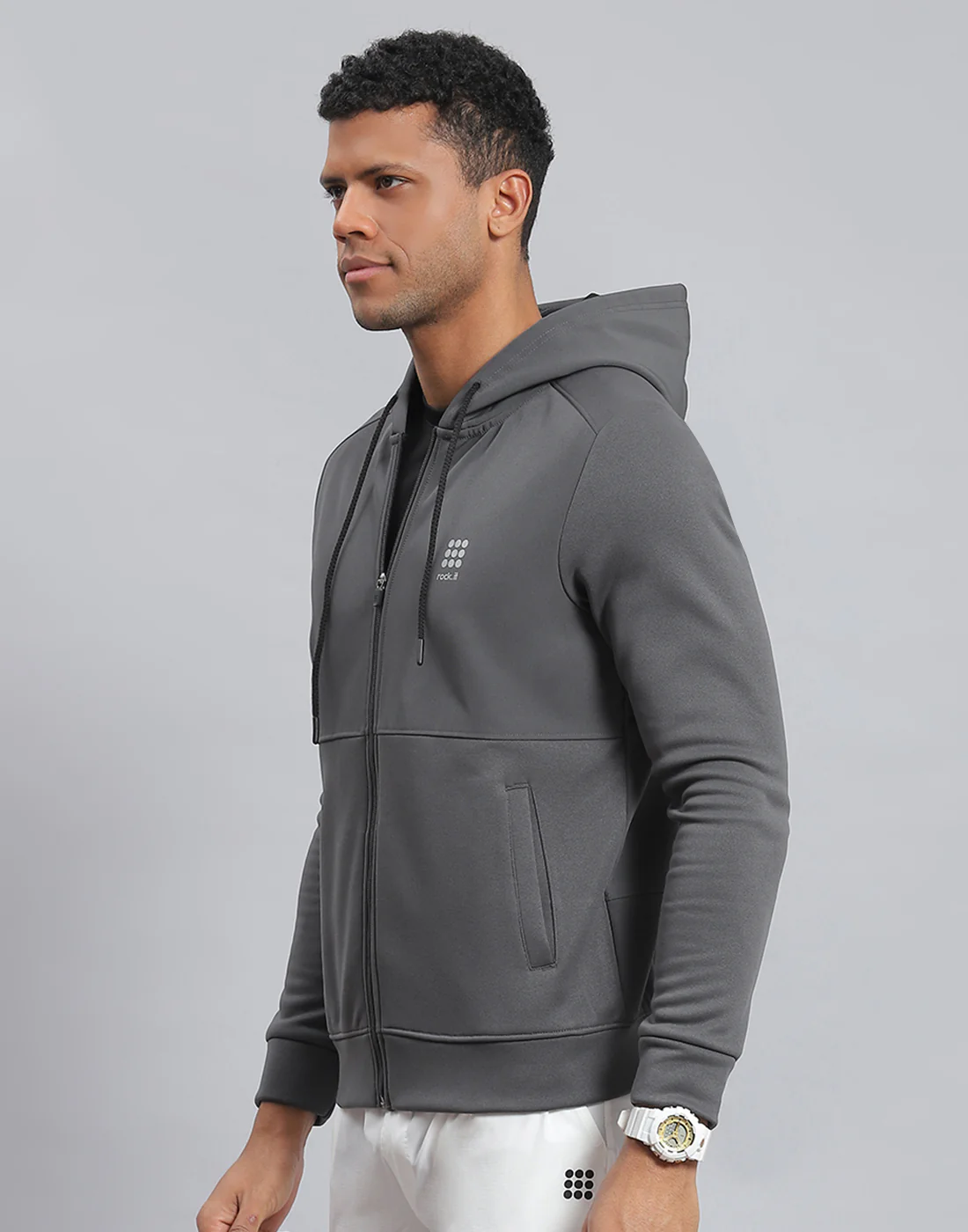 Rock.it Men Grey Solid Hooded Full Sleeve Sweatshirt - Image 3