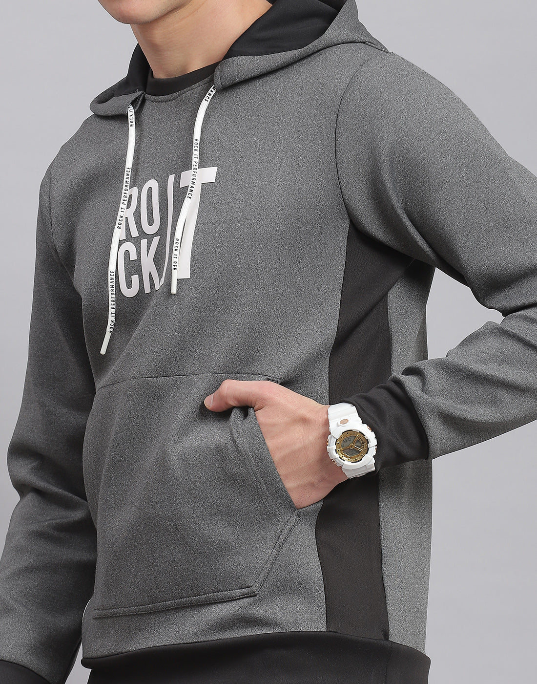Rock.it Men Grey Solid Hooded Full Sleeve Sweatshirt - Image 7