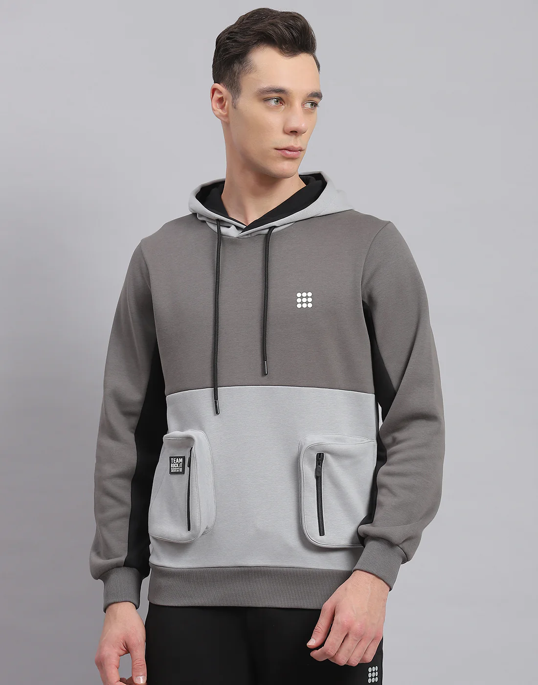 Rock.it Men Grey Solid Hooded Full Sleeve Sweatshirt - Image 2