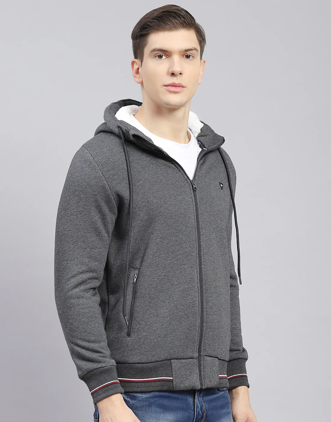 Men Grey Solid Hooded Full Sleeve Sweatshirt - Image 6