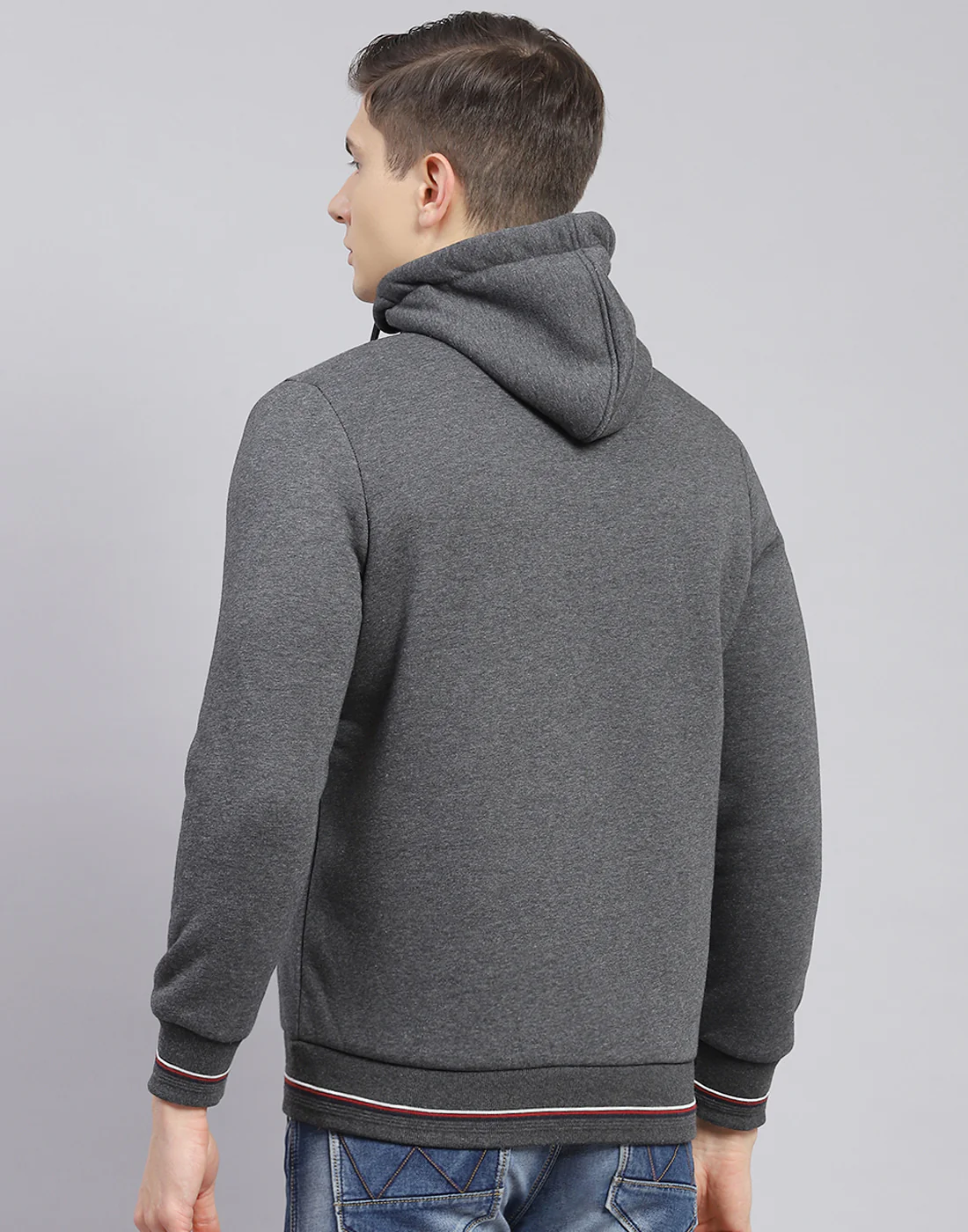 Men Grey Solid Hooded Full Sleeve Sweatshirt - Image 7