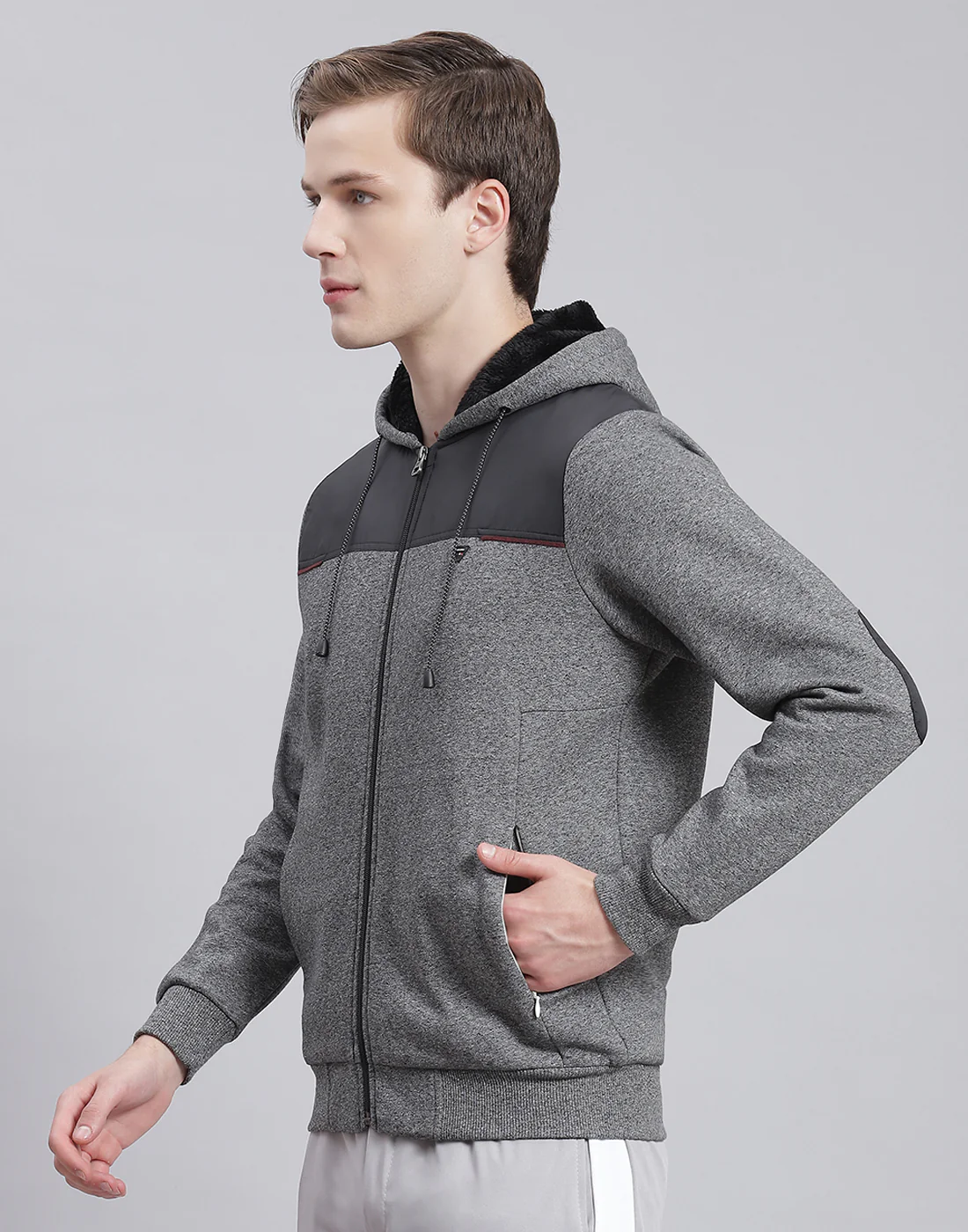 Men Grey Solid Hooded Full Sleeve Sweatshirt - Image 4