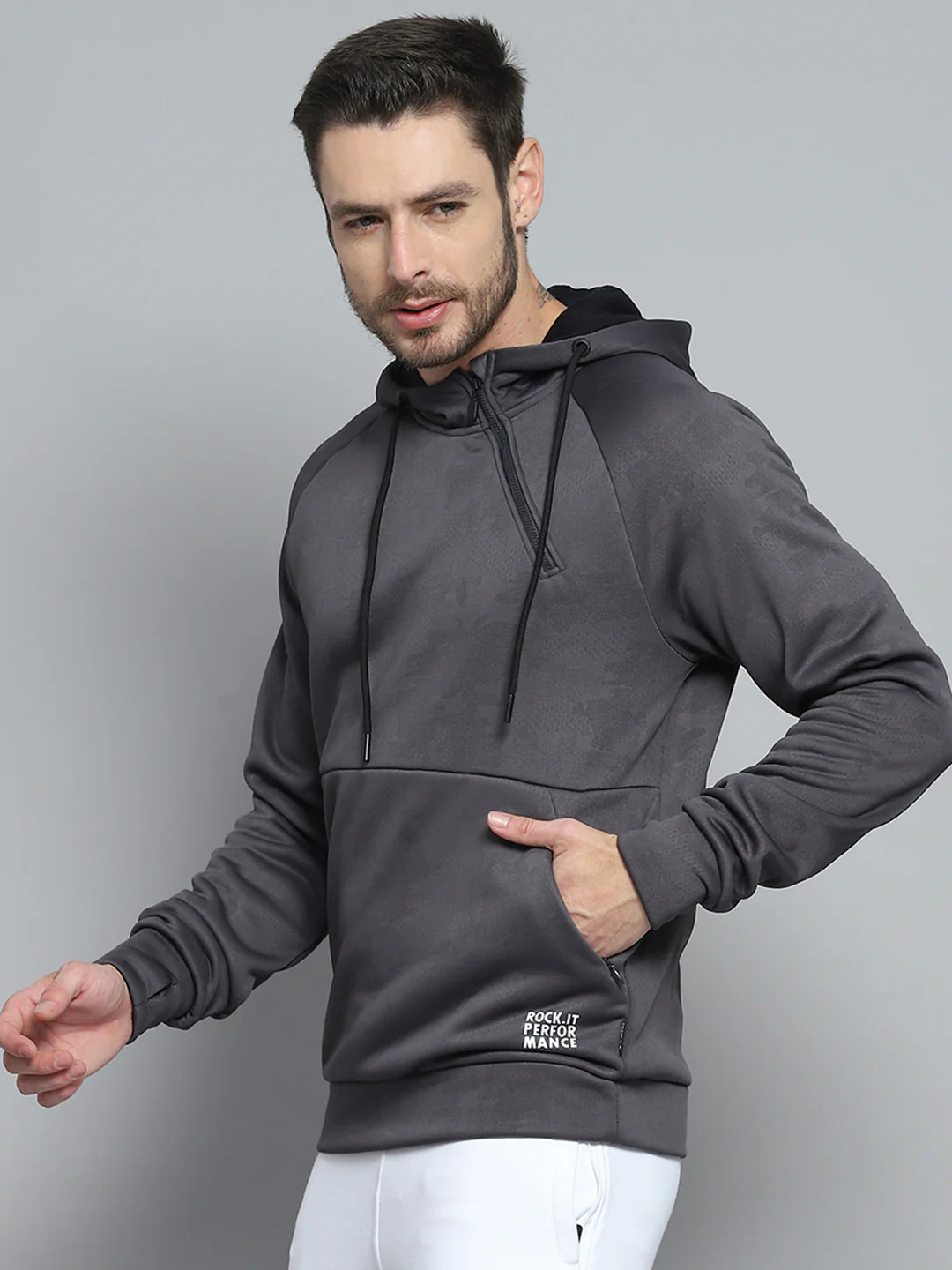 Rock.it Men Grey Solid Hooded Full Sleeve Sweatshirt - Image 3