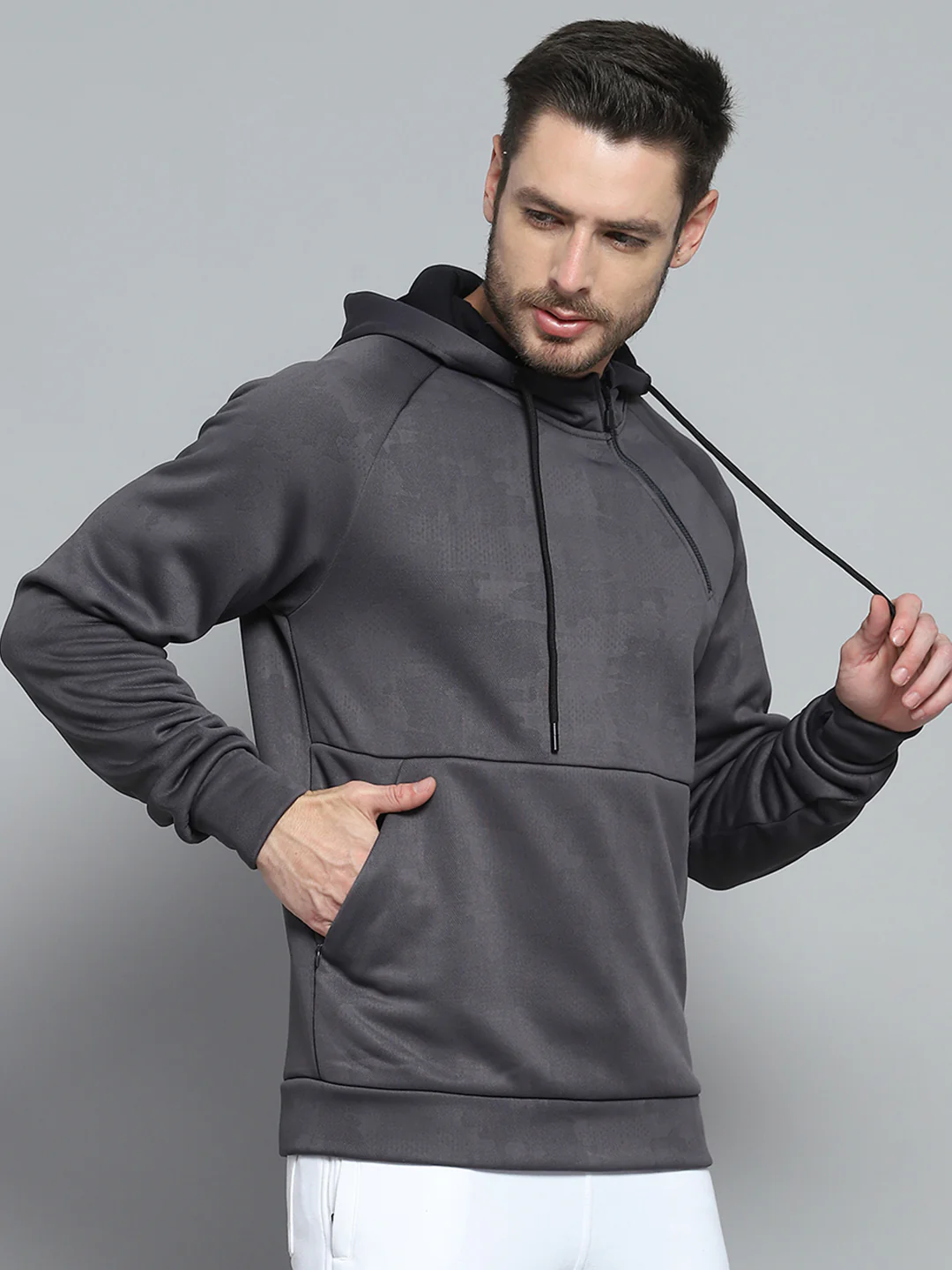 Rock.it Men Grey Solid Hooded Full Sleeve Sweatshirt - Image 4