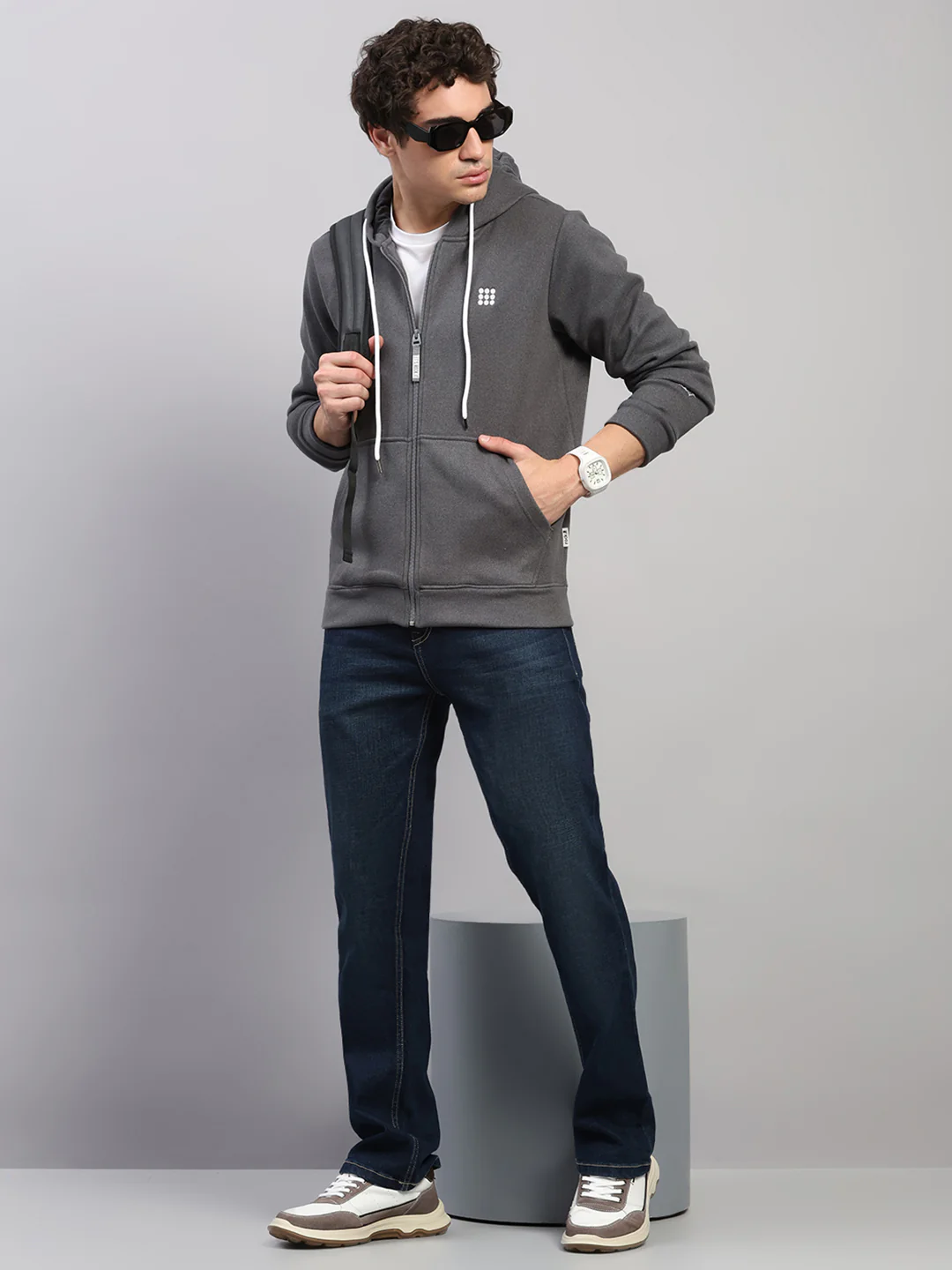 Rock.it Men Grey Solid Hooded Full Sleeve Sweatshirt - Image 2