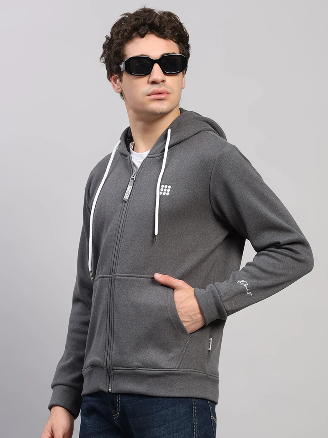 Rock.it Men Grey Solid Hooded Full Sleeve Sweatshirt - Image 3