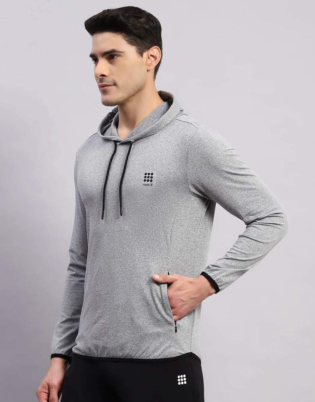 Rock.it Men Grey Solid Hooded Full Sleeve T-Shirt - Image 3