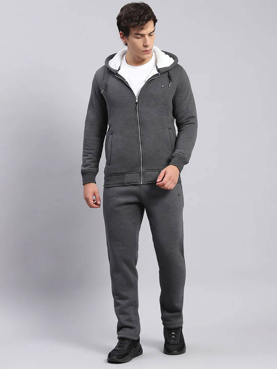 Men Grey Solid Hooded Full Sleeve Tracksuits - Image 2