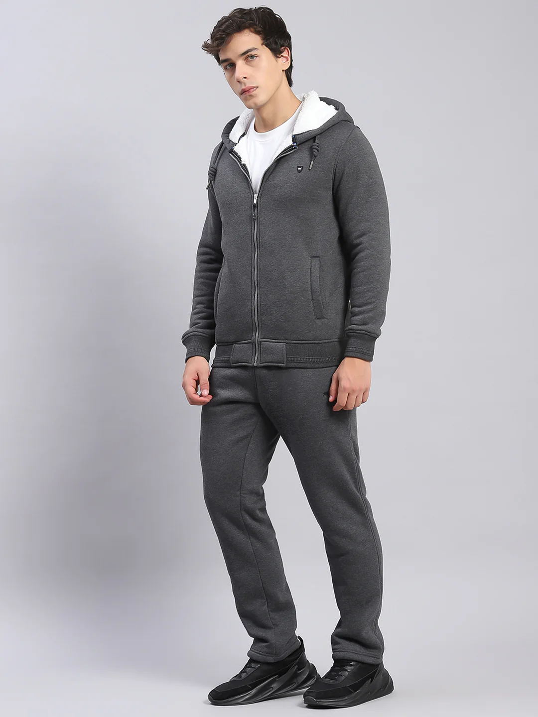 Men Grey Solid Hooded Full Sleeve Tracksuits - Image 3