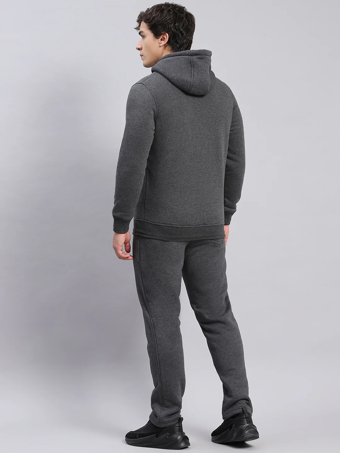 Men Grey Solid Hooded Full Sleeve Tracksuits - Image 5