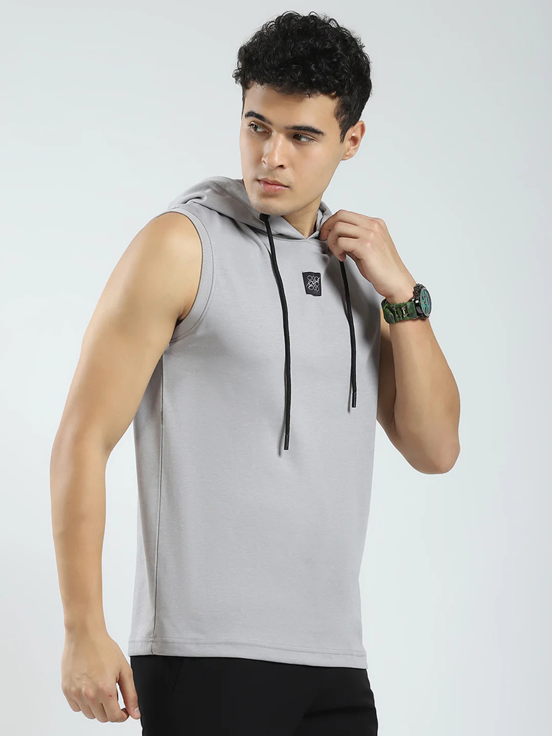 Rock.it Men Grey Solid Hooded Sleeveless T-Shirt - Image 4