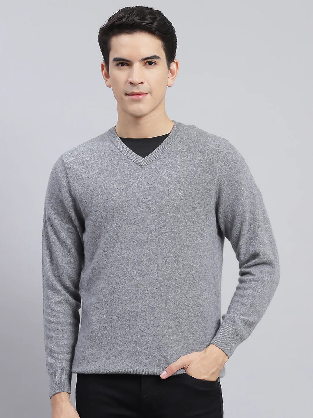 Men Grey Solid Lamb wool Pullover - Image 2