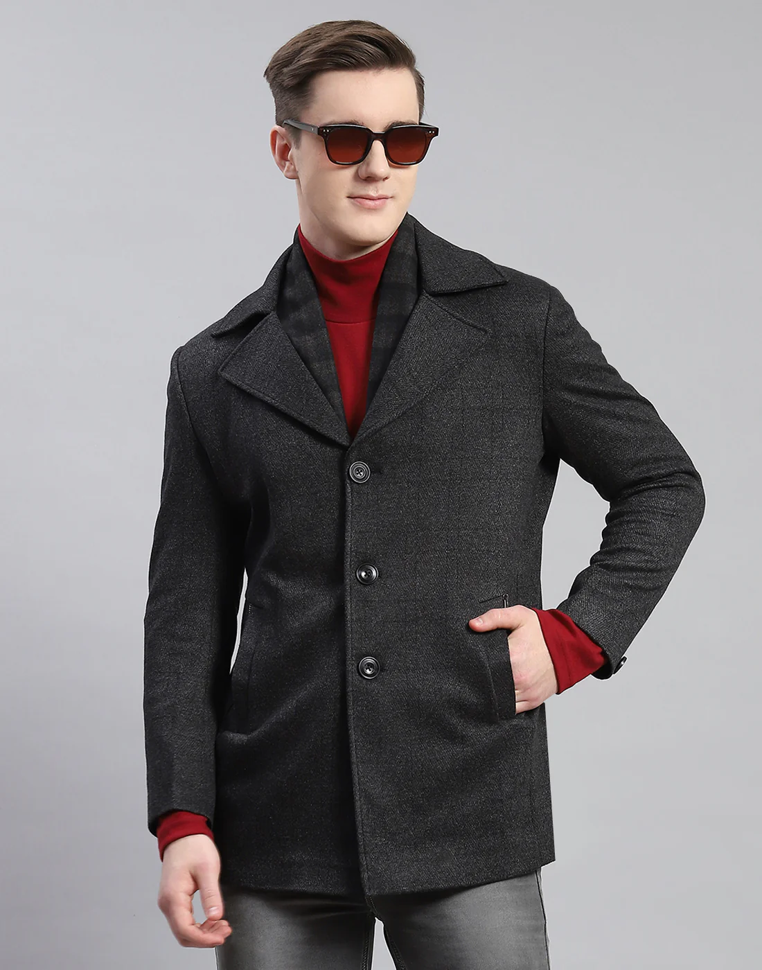 Men Grey Solid Lapel Collar Full Sleeve Coat - Image 6