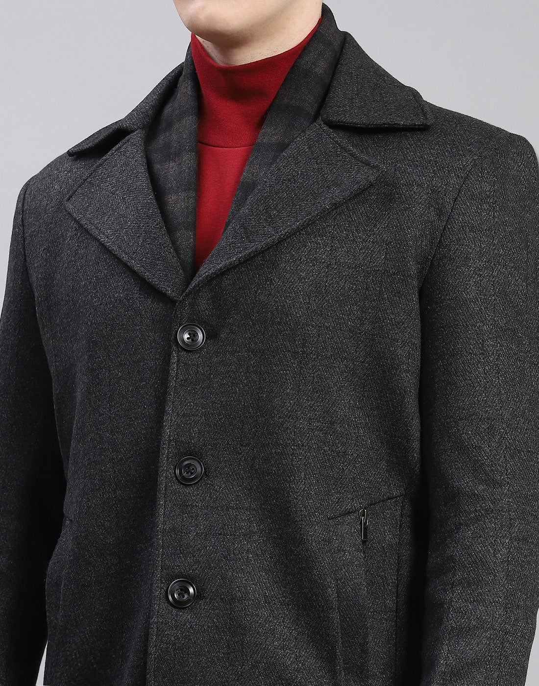 Men Grey Solid Lapel Collar Full Sleeve Coat - Image 7