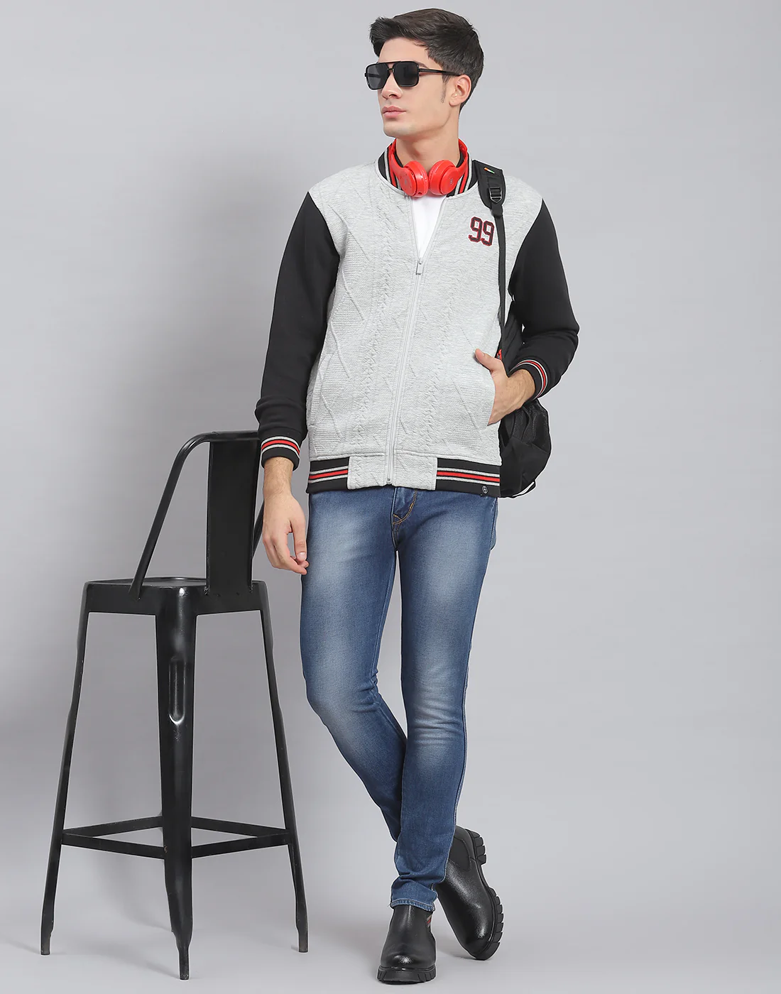 Men Grey Solid Mandarin Collar Full Sleeve Sweatshirt - Image 2