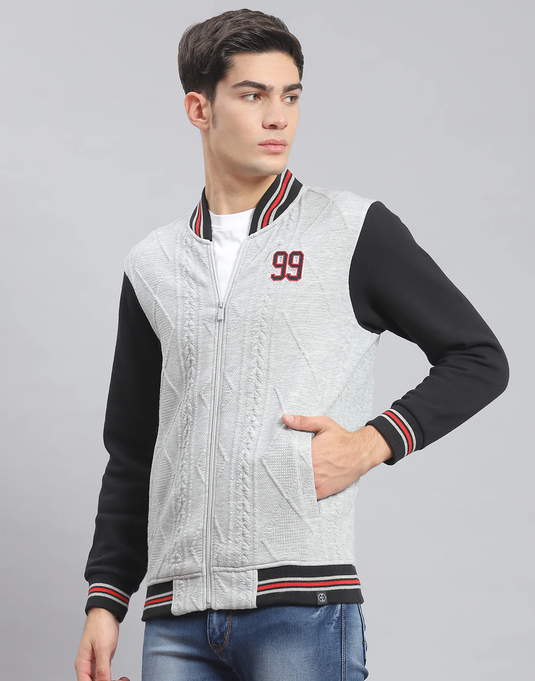 Men Grey Solid Mandarin Collar Full Sleeve Sweatshirt - Image 3