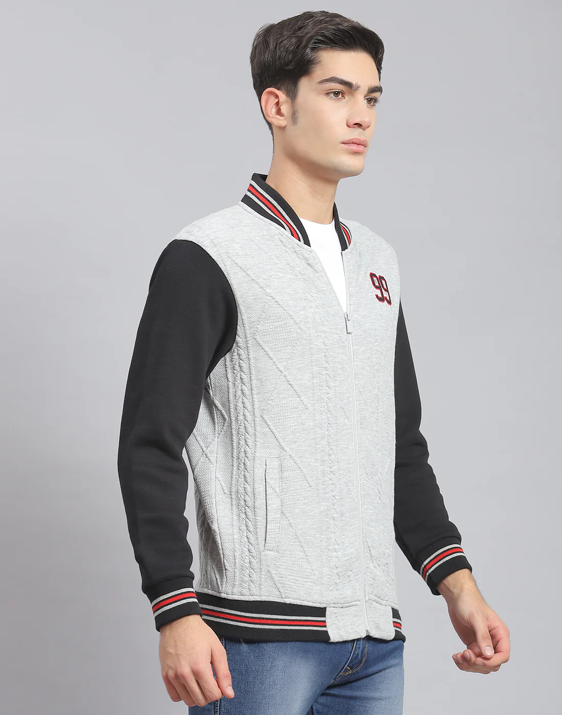 Men Grey Solid Mandarin Collar Full Sleeve Sweatshirt - Image 4