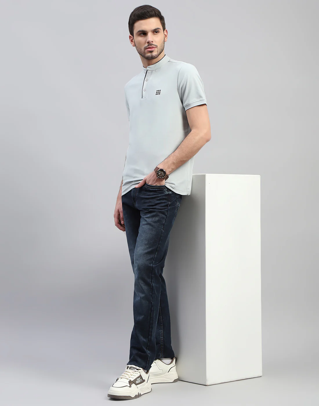 Rock.it Men Grey Solid Mandarin Neck Half Sleeve T-Shirt - Image 2