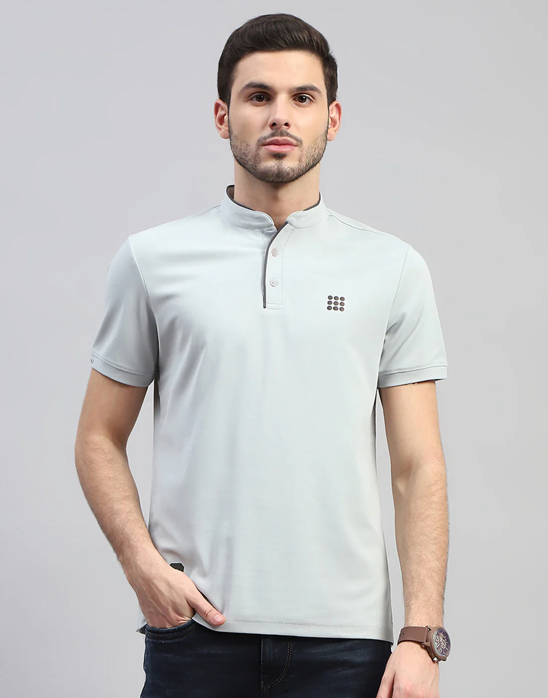 Rock.it Men Grey Solid Mandarin Neck Half Sleeve T-Shirt - Image 3