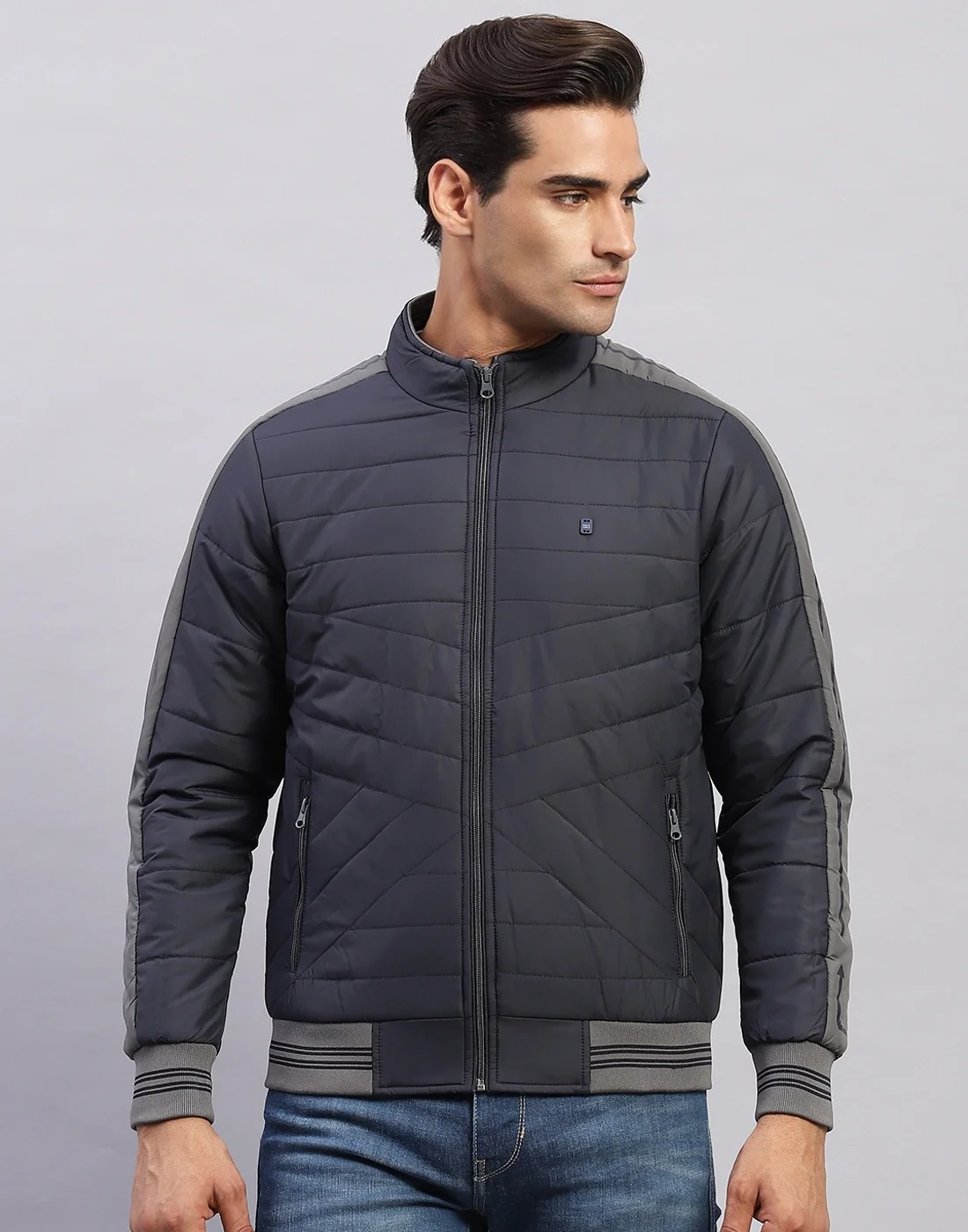 Men Grey Solid Mock Neck Full Sleeve Jacket - Image 2