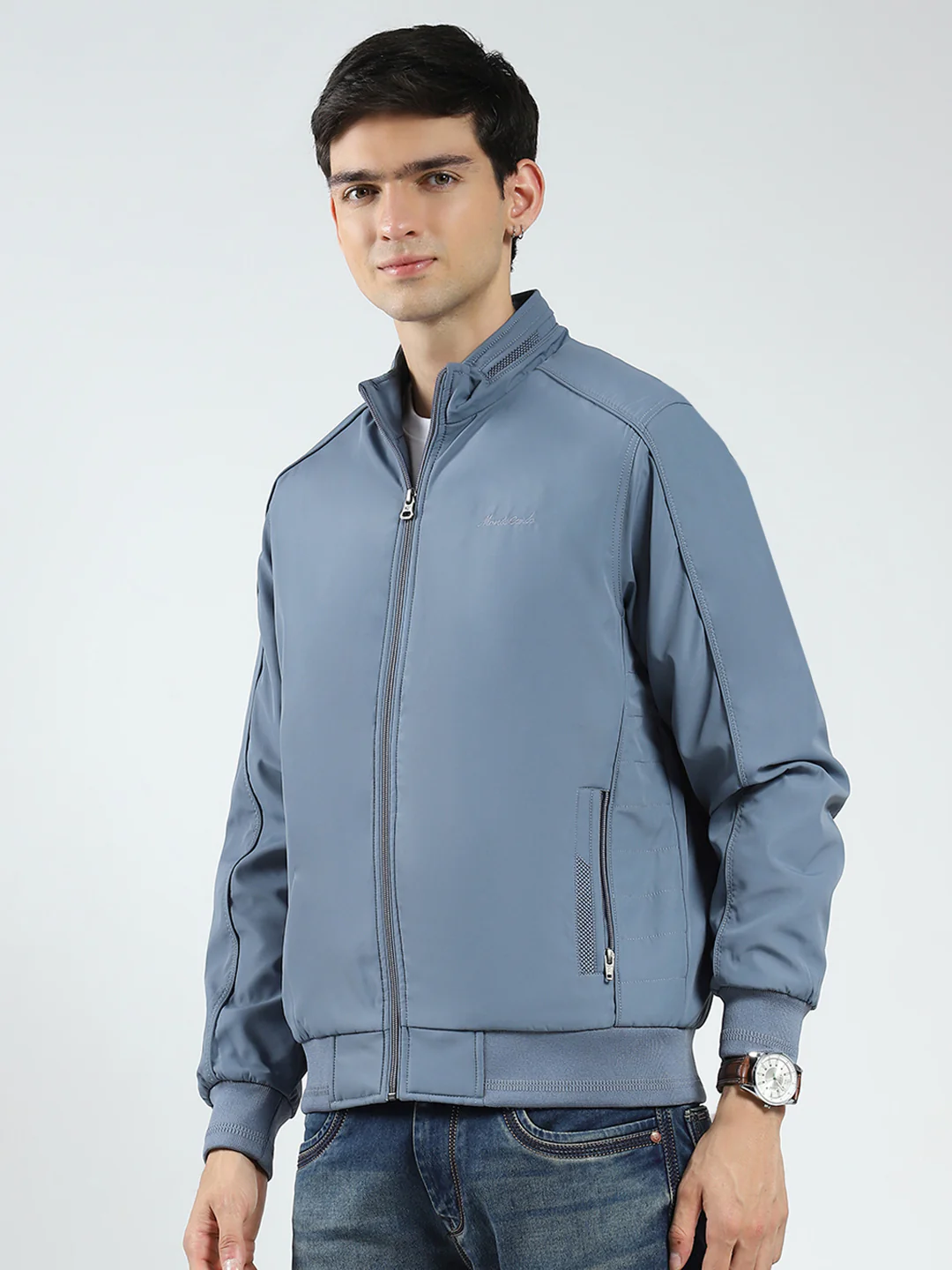 Men Grey Solid Mock Neck Full Sleeve Jacket - Image 3