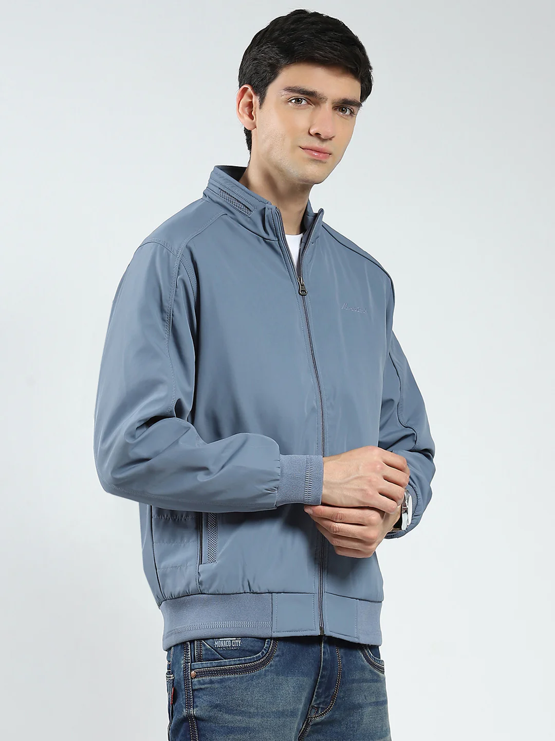 Men Grey Solid Mock Neck Full Sleeve Jacket - Image 4
