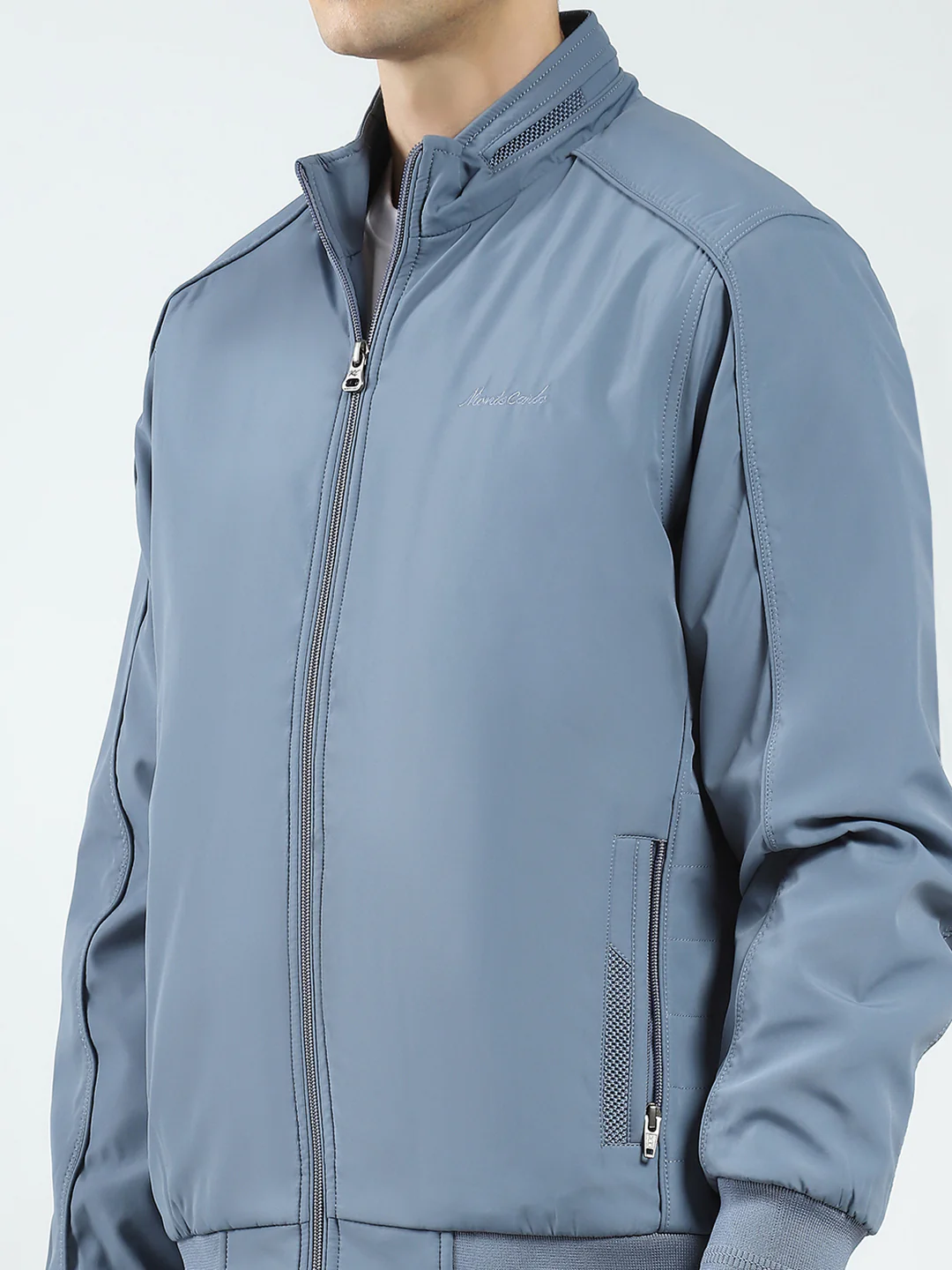 Men Grey Solid Mock Neck Full Sleeve Jacket - Image 7