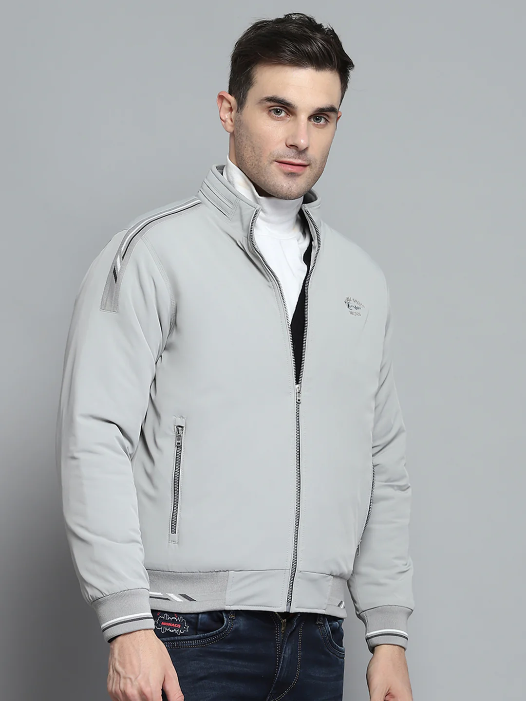 Men Grey Solid Mock Neck Full Sleeve Jacket - Image 4