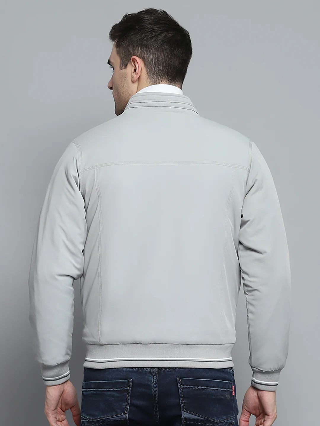 Men Grey Solid Mock Neck Full Sleeve Jacket - Image 5