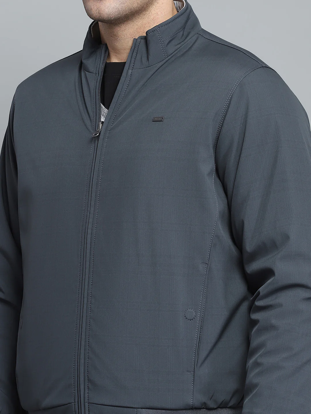 Men Grey Solid Mock Neck Full Sleeve Jacket - Image 11