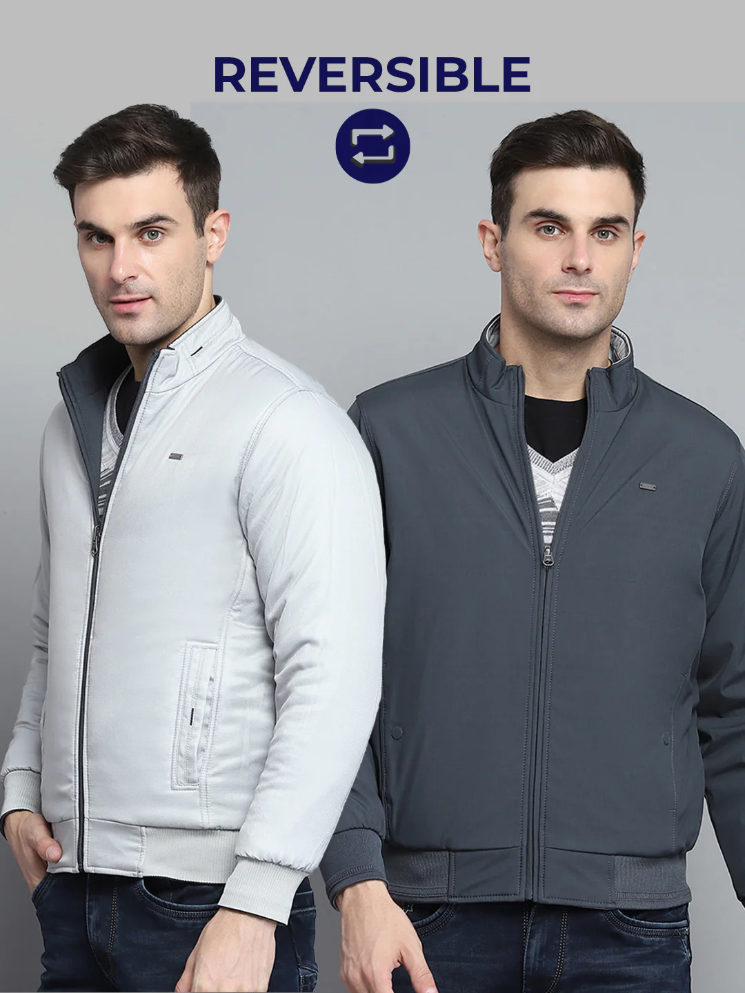 Men Grey Solid Mock Neck Full Sleeve Jacket - Image 2