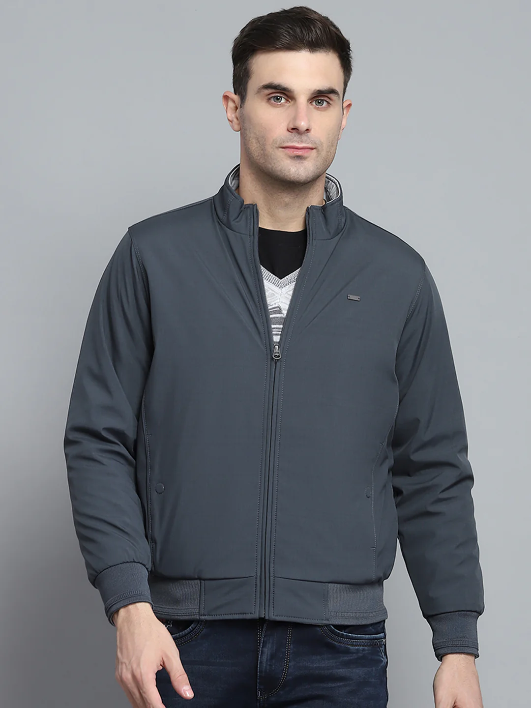 Men Grey Solid Mock Neck Full Sleeve Jacket - Image 5