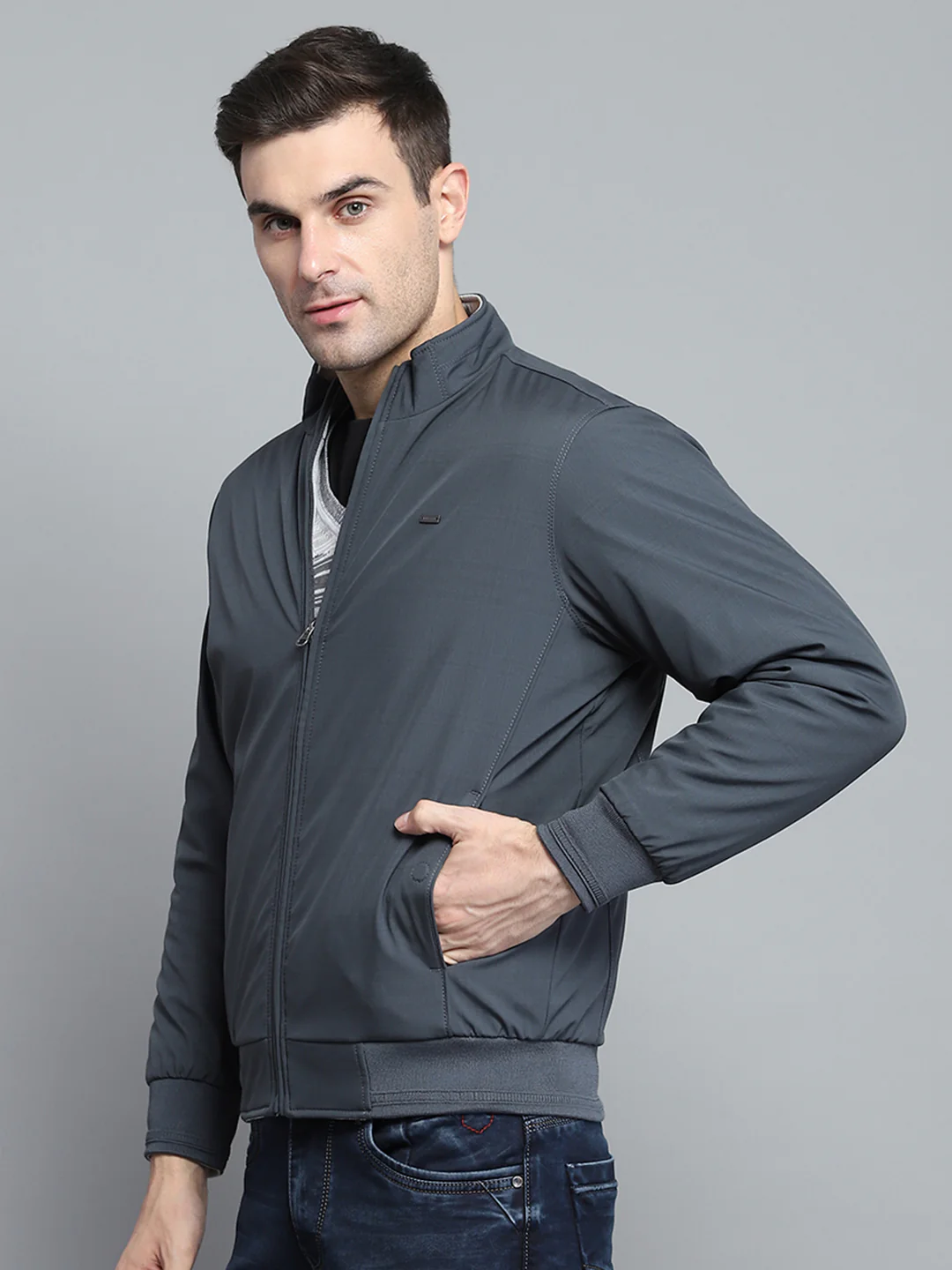 Men Grey Solid Mock Neck Full Sleeve Jacket - Image 7