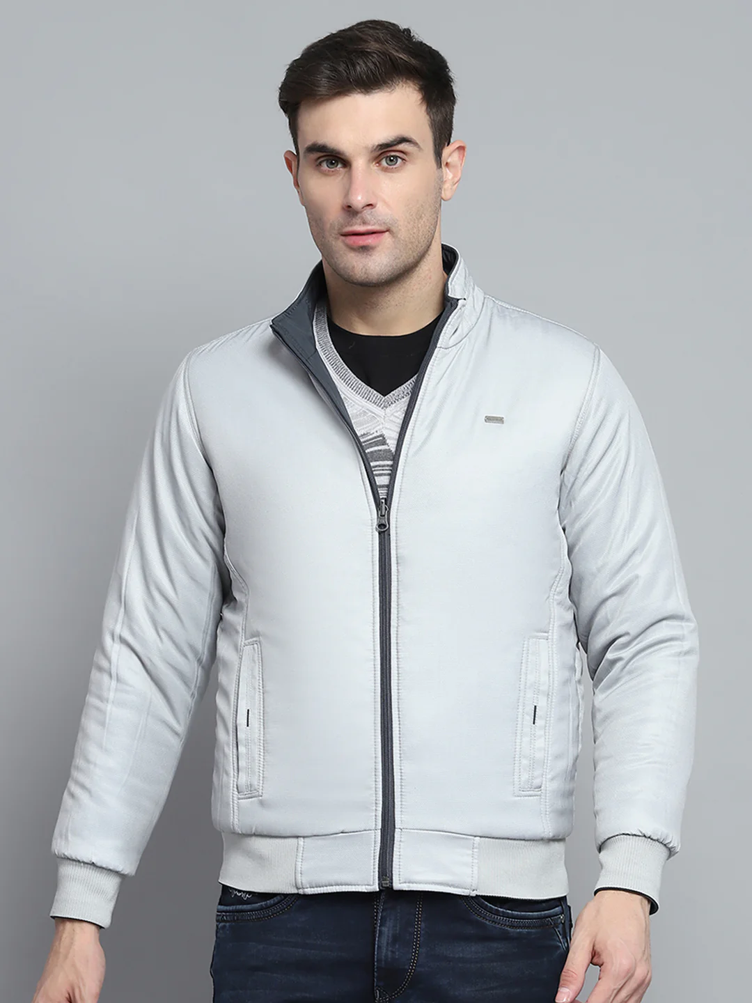 Men Grey Solid Mock Neck Full Sleeve Jacket - Image 9