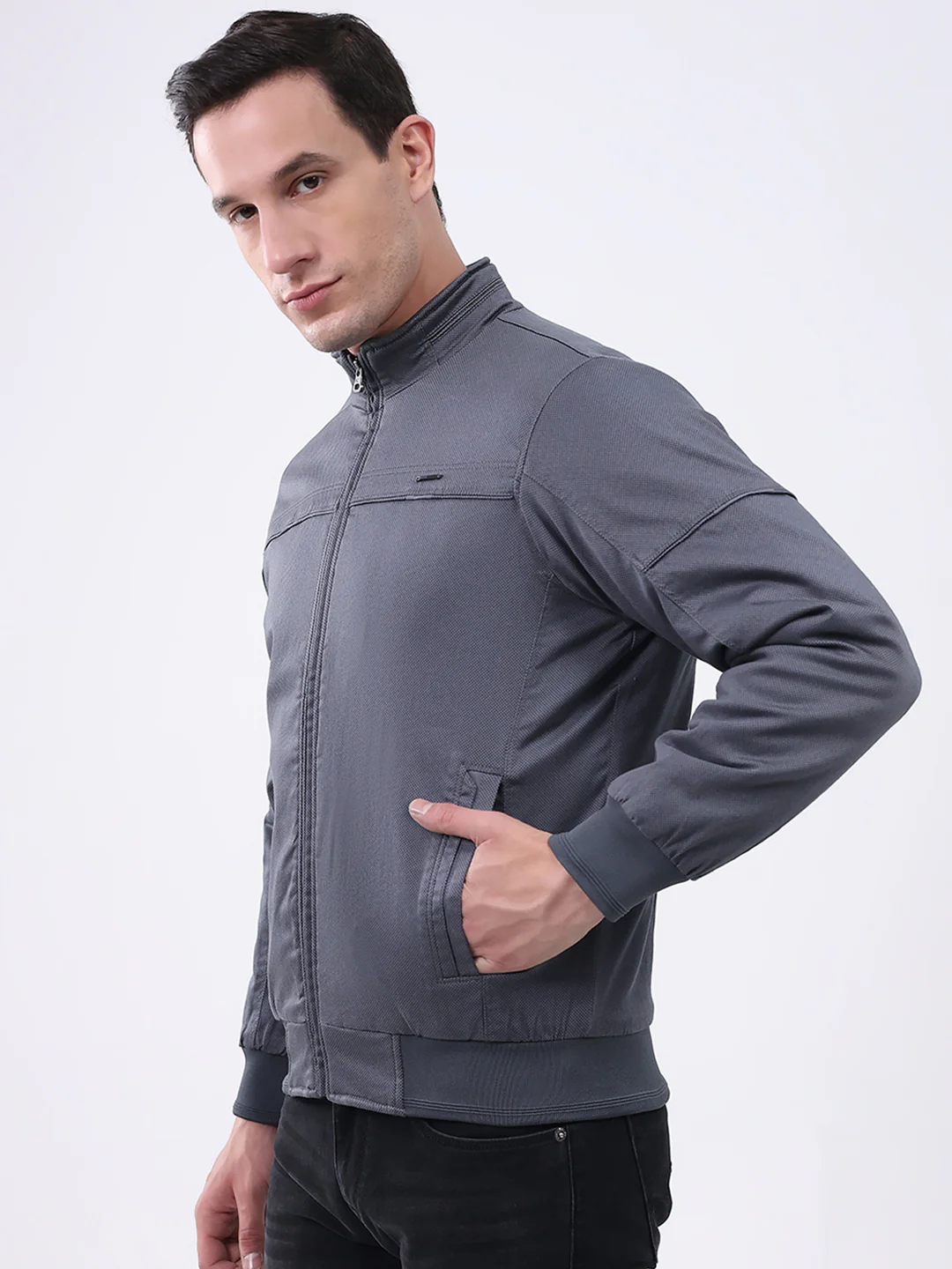 Men Grey Solid Mock Neck Full Sleeve Jacket - Image 3