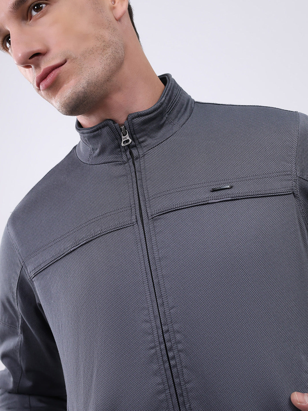 Men Grey Solid Mock Neck Full Sleeve Jacket - Image 6