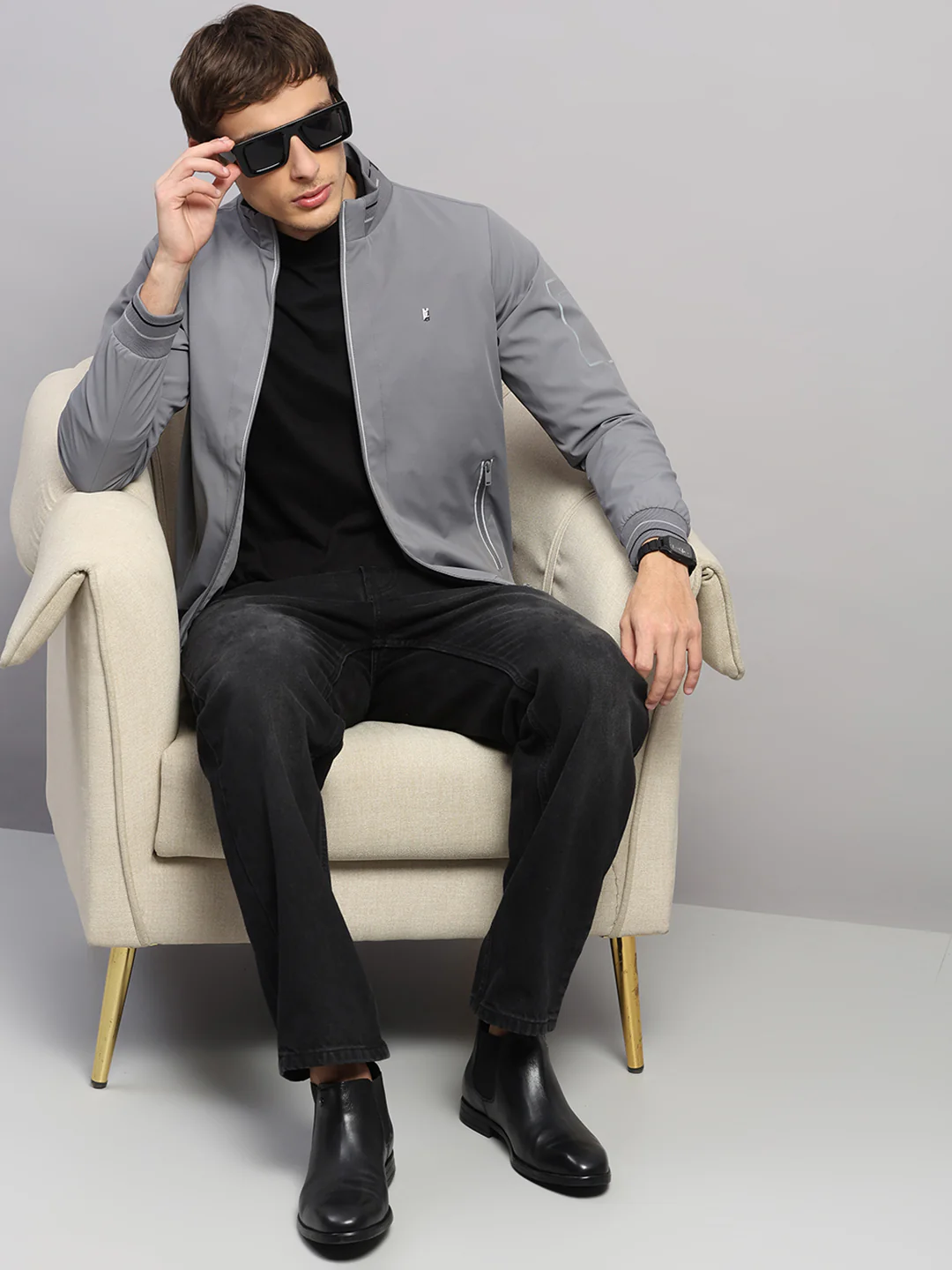 Luxuria Men Grey Solid Mock Neck Full Sleeve Jacket - Image 2