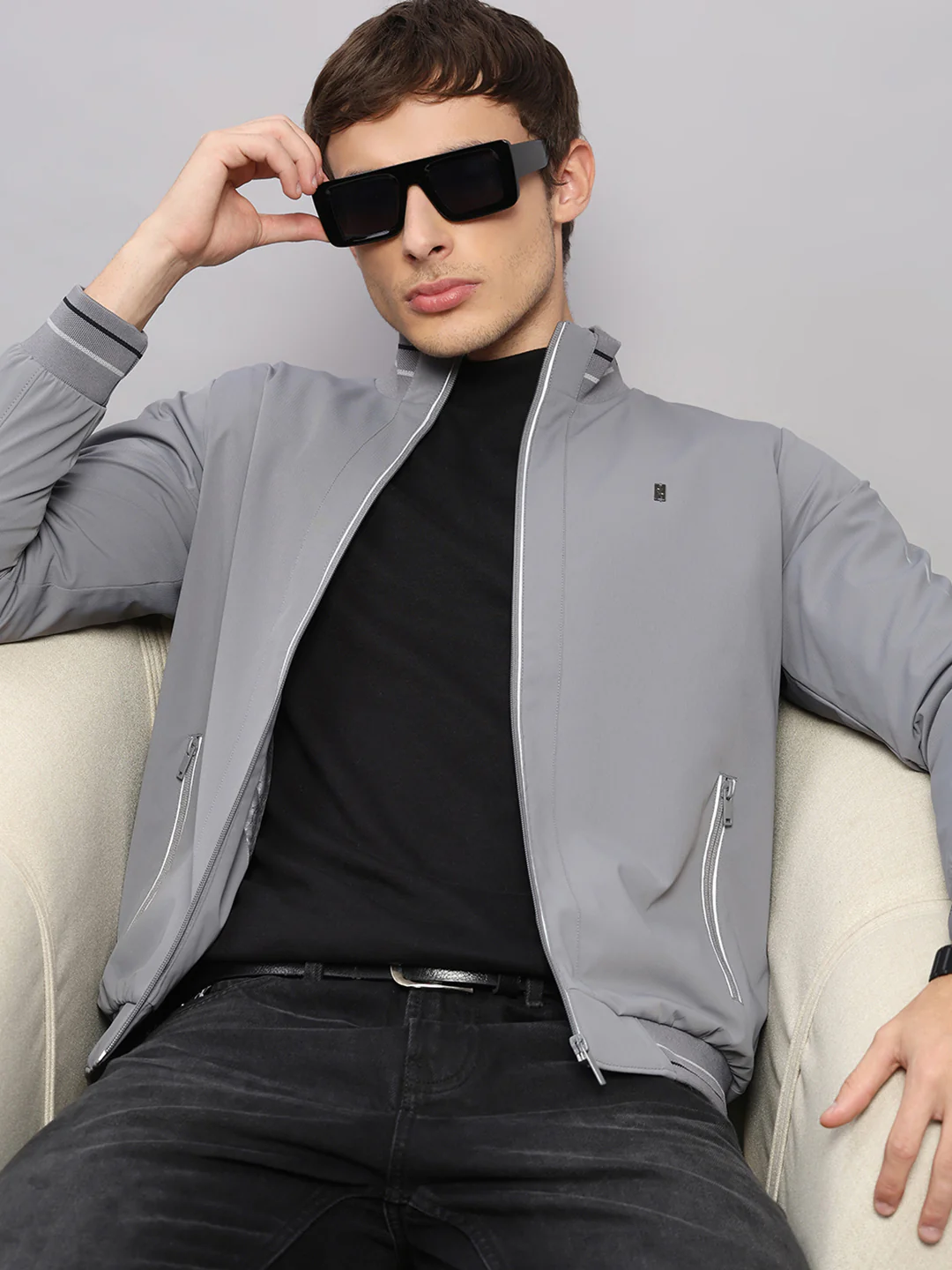Luxuria Men Grey Solid Mock Neck Full Sleeve Jacket - Image 6