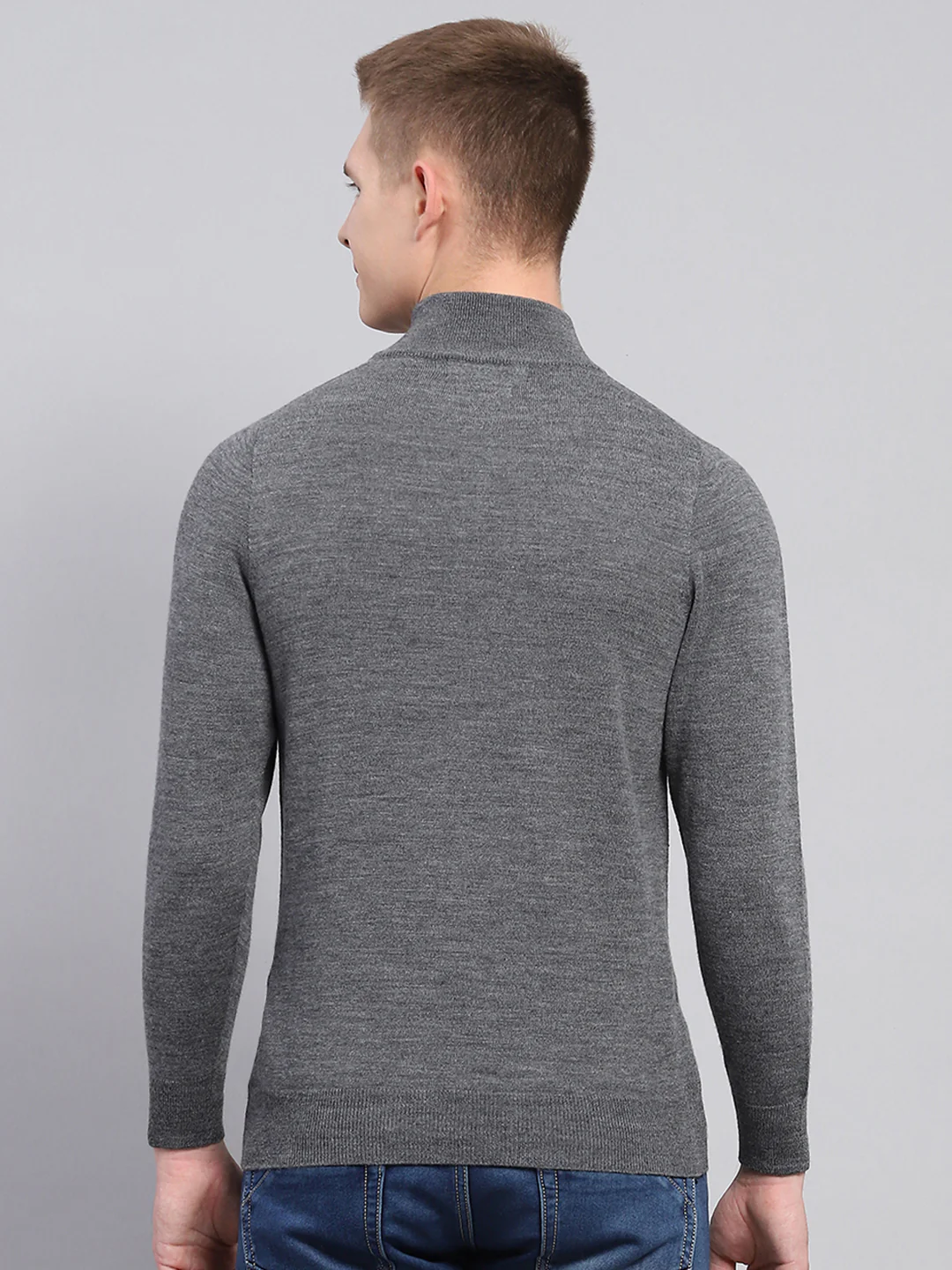 Men Grey Solid Mock Neck Full Sleeve Pullover - Image 5