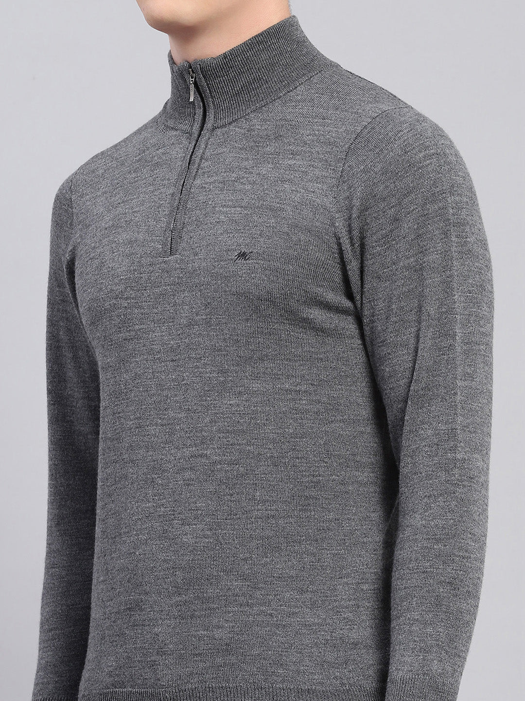 Men Grey Solid Mock Neck Full Sleeve Pullover - Image 6
