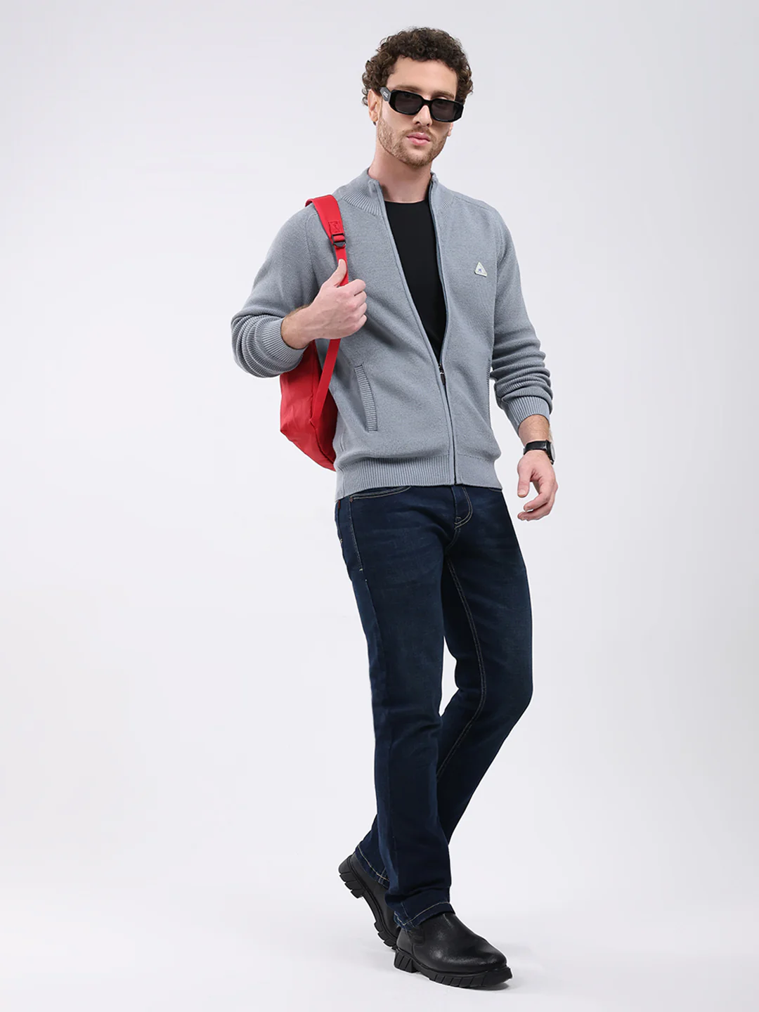 Men Grey Solid Mock Neck Full Sleeve Pullover - Image 2