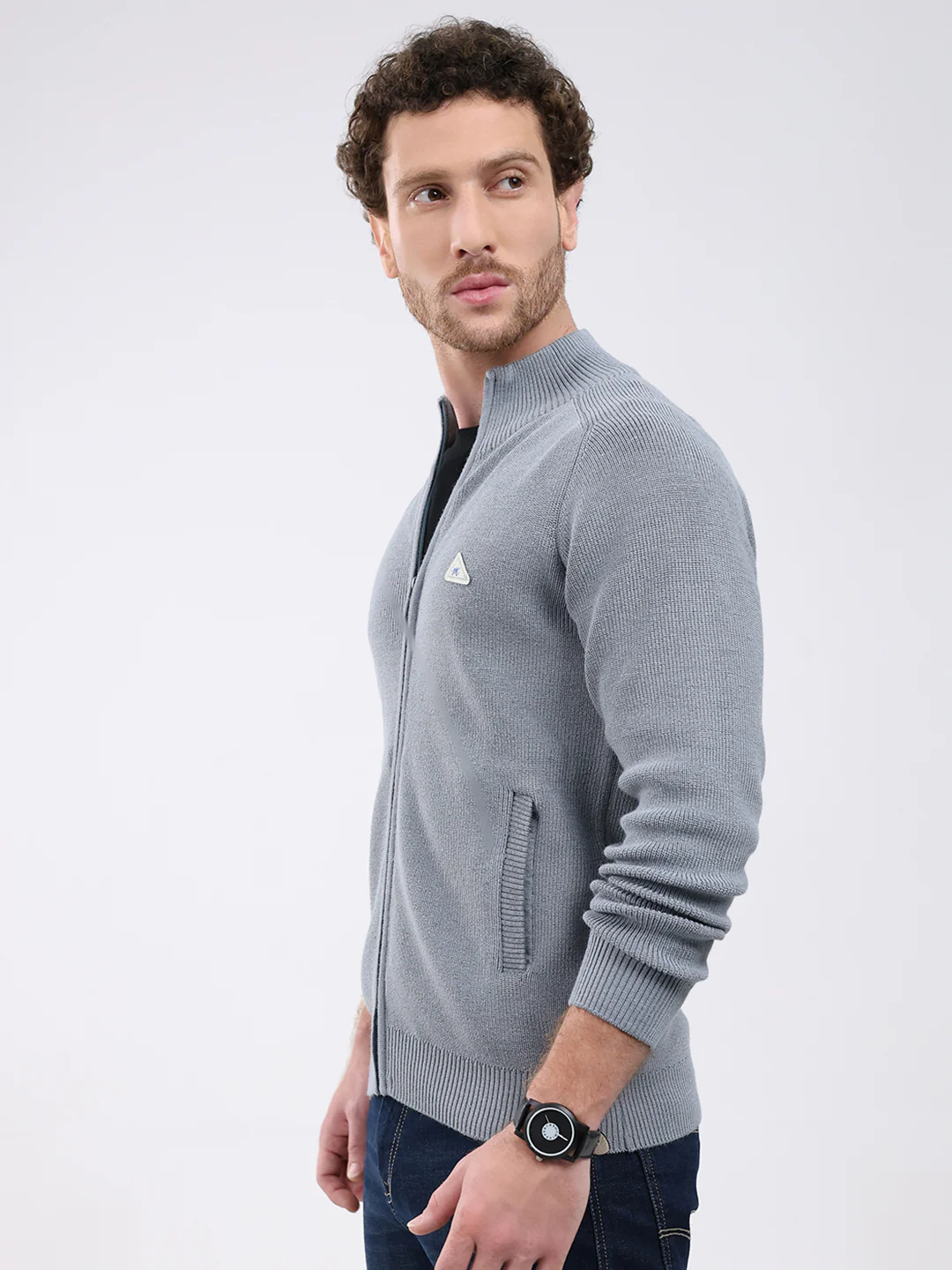 Men Grey Solid Mock Neck Full Sleeve Pullover - Image 3