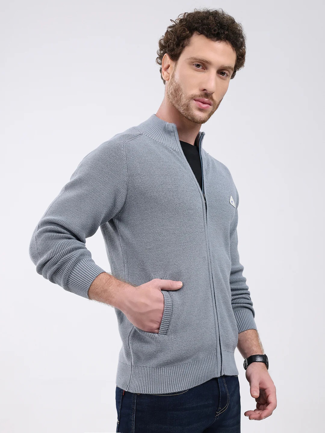 Men Grey Solid Mock Neck Full Sleeve Pullover - Image 4