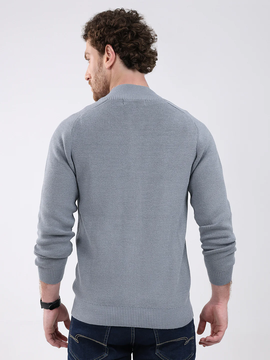 Men Grey Solid Mock Neck Full Sleeve Pullover - Image 5