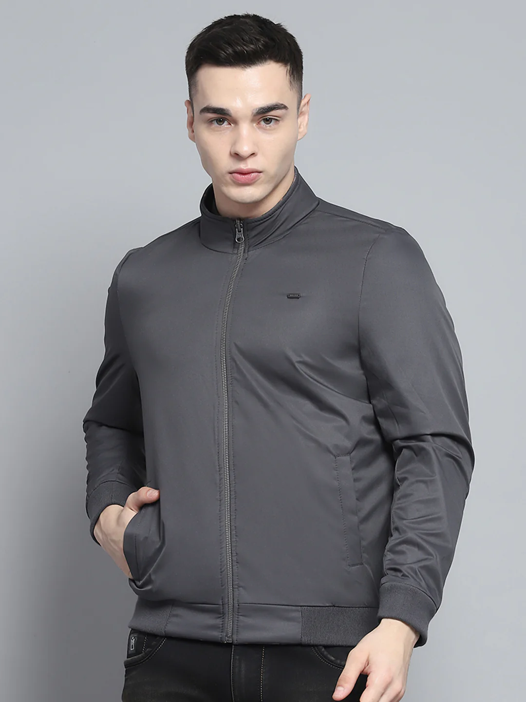 Men Grey Solid Mock Neck Full Sleeve Reversible Jacket - Image 7