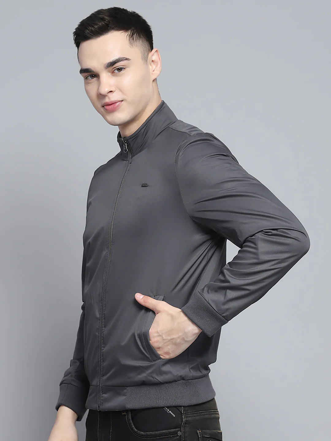 Men Grey Solid Mock Neck Full Sleeve Reversible Jacket - Image 8